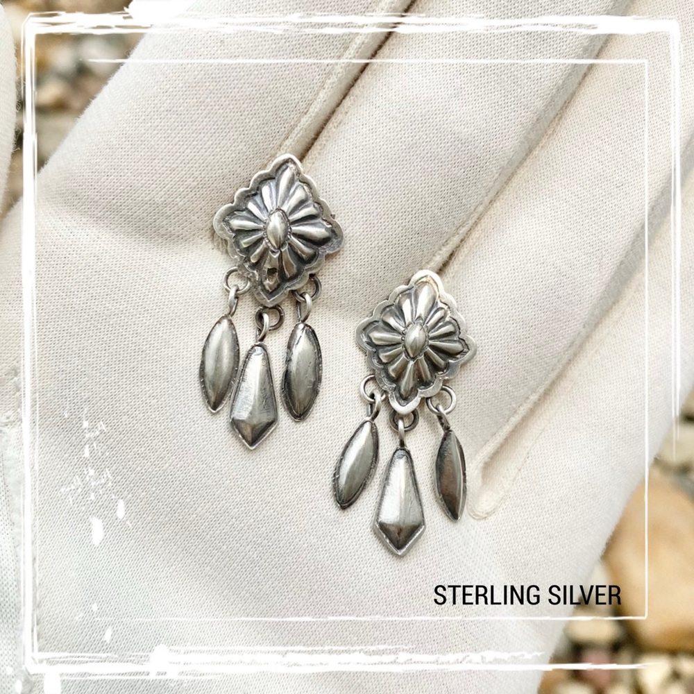 Signed-Terry Charlie Navajo Sterling Silver Triangle Concho Post Dangle Earrings